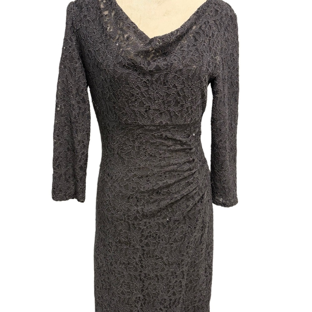 Lauren by Ralph Lauren Black Lace and Sequin Draped Long Sleeve Dress - 8